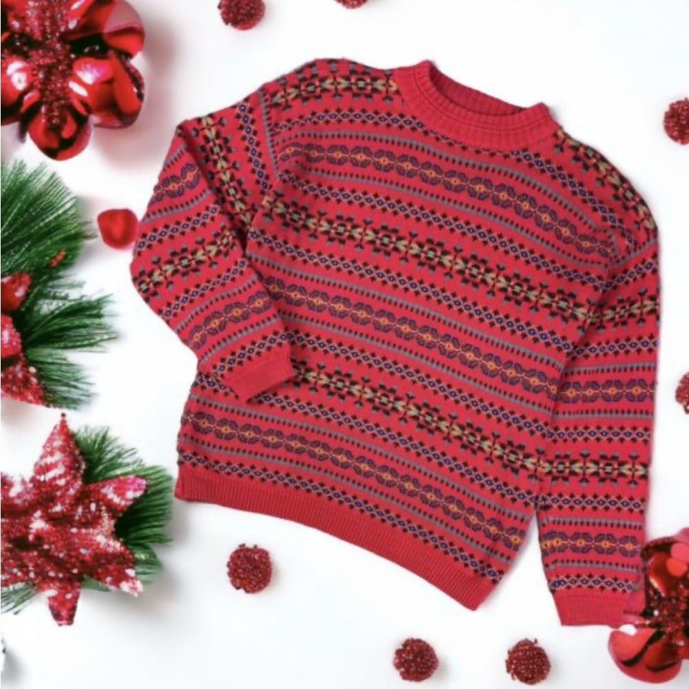 EDDIE BAUER Vintage Cotton Hygge Nordic Knit Sweater in Red Floral Size XL NWOT